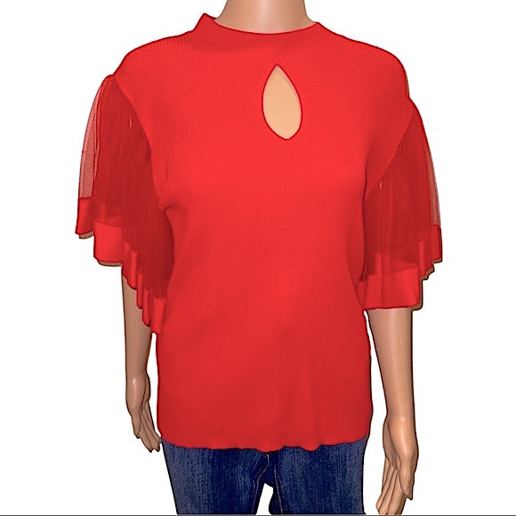 *NWOT 7th Avenue Design Studio NY&C- Red Ribbed Sweater with Tulle Sleeves - Picture 2 of 10
